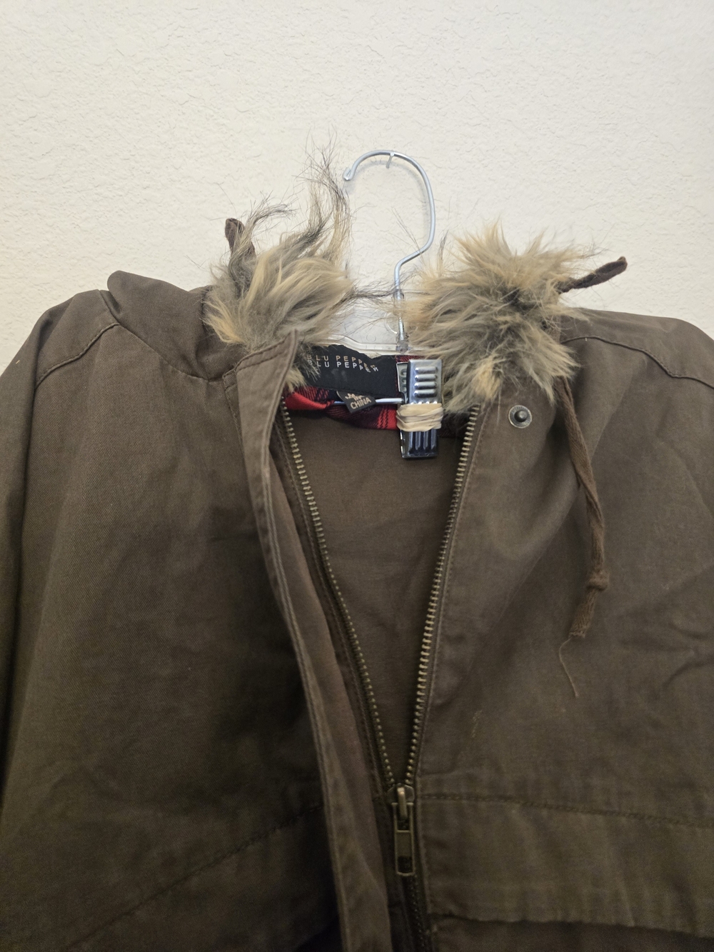 Blu Pepper Men's Olive Brown Hooded Field Jacket with Faux Fur Trim